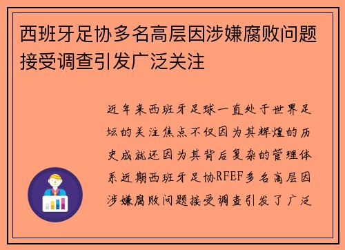 西班牙足协多名高层因涉嫌腐败问题接受调查引发广泛关注 西班牙足协多名高层因涉嫌腐败问题接受调查引发广泛关注