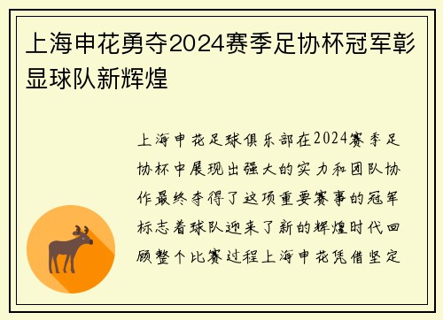 上海申花勇夺2024赛季足协杯冠军彰显球队新辉煌 上海申花勇夺2024赛季足协杯冠军彰显球队新辉煌