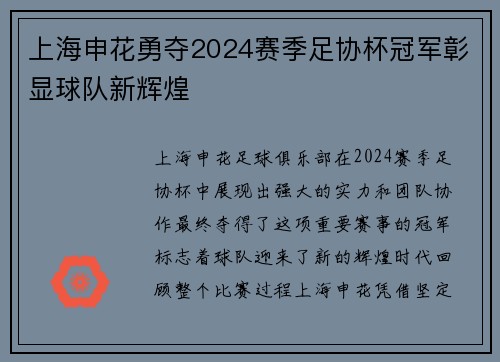 上海申花勇夺2024赛季足协杯冠军彰显球队新辉煌